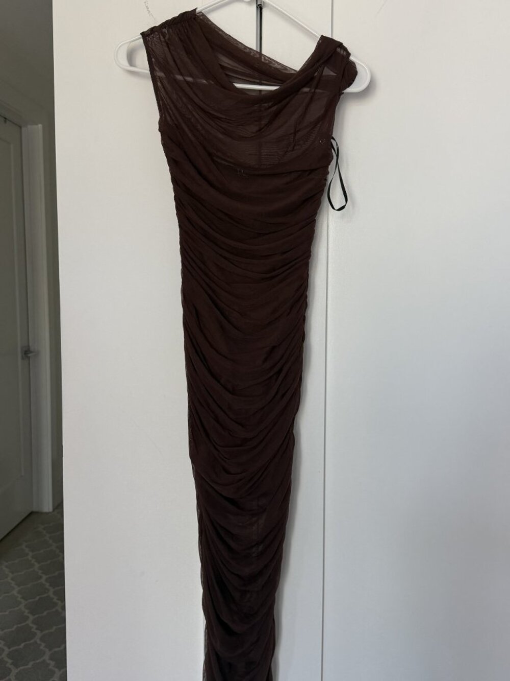 NWT Lulus Ruched Mesh Asymmetric Maxi Dress Brown